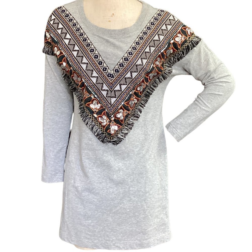 Boston Proper Gray Embroidered Sequin Fringe Boho Long Sleeve Mini Dress S #177G